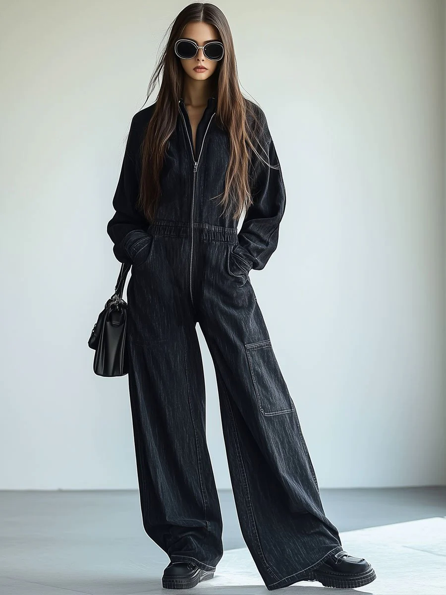 【24-hour shipping out】Casual Loose Retro Denim Zipper Elastic Waist Lapel Long Sleeve Jumpsuit