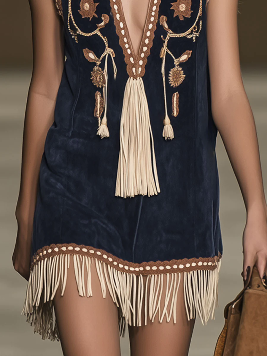 【24-hour shipping out】Casual Loose Vintage Suede Bohemian Embroidered Tassel Sleeveless Mini Dress