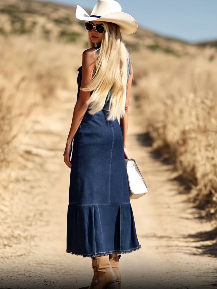 【24-hour shipping out】Casual Fashion Dark Blue Denim Sleeveless Shirt Fishtail Midi Dress