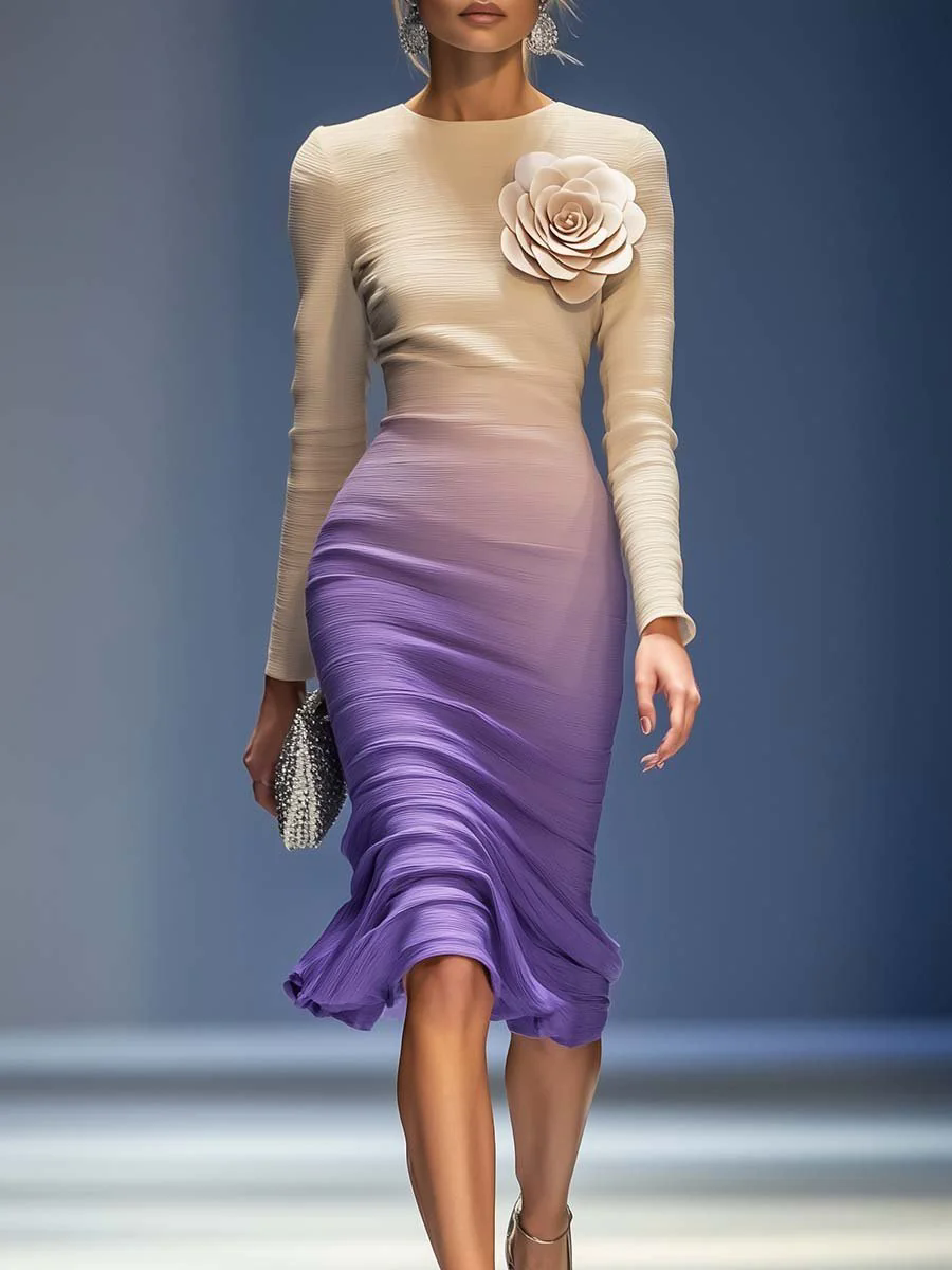 【24-hour shipping out】Elegant Three-dimensional Floral Decoration Beige and Purple Gradient Midi Dress