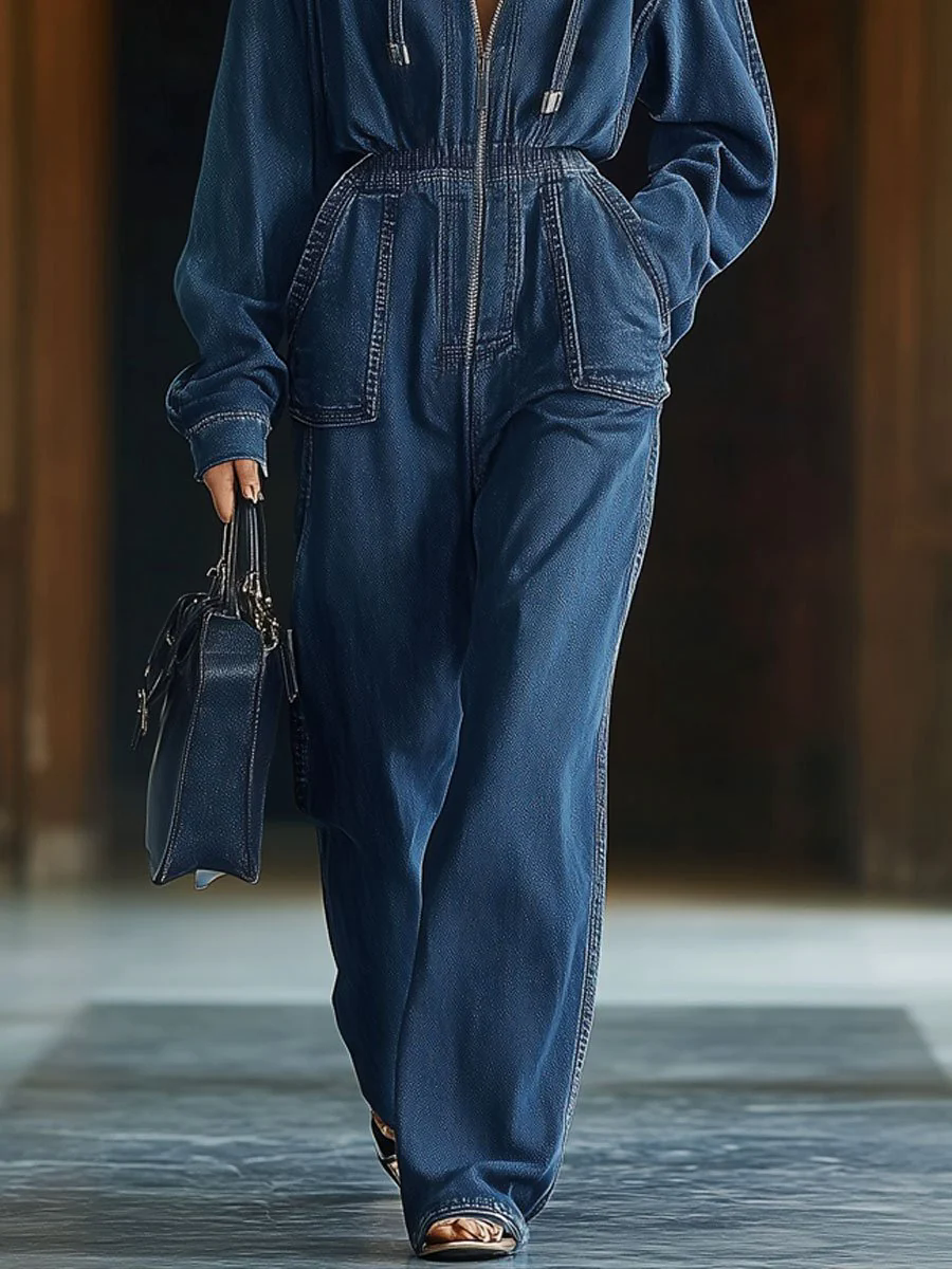 【24-hour shipping out】Casual Loose Retro Elastic Waist Zipper Long Sleeve Hooded Denim Jumpsuit