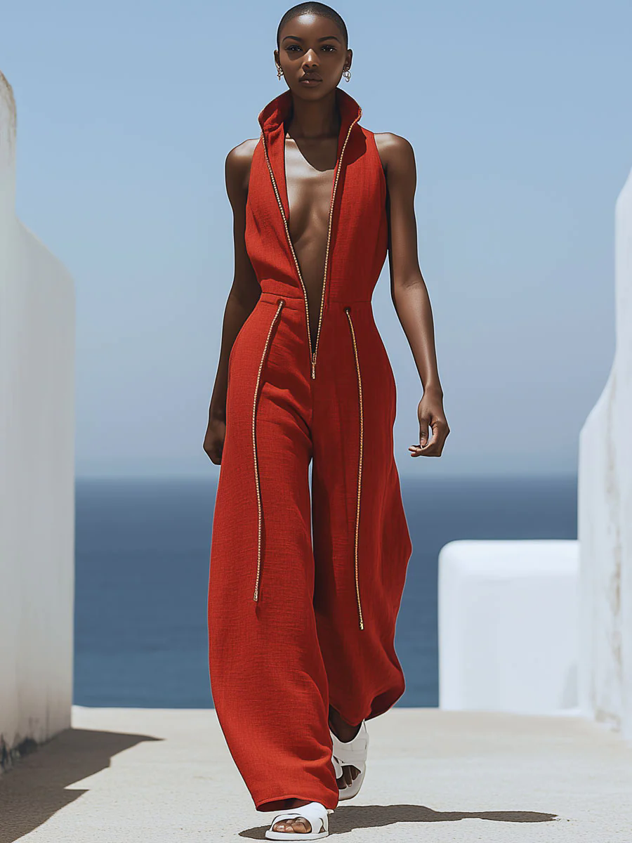 【24-hour shipping out】Casual Retro Red Cotton and Linen Zipper Sleeveless Elastic Waist Wide Leg Jumpsuit