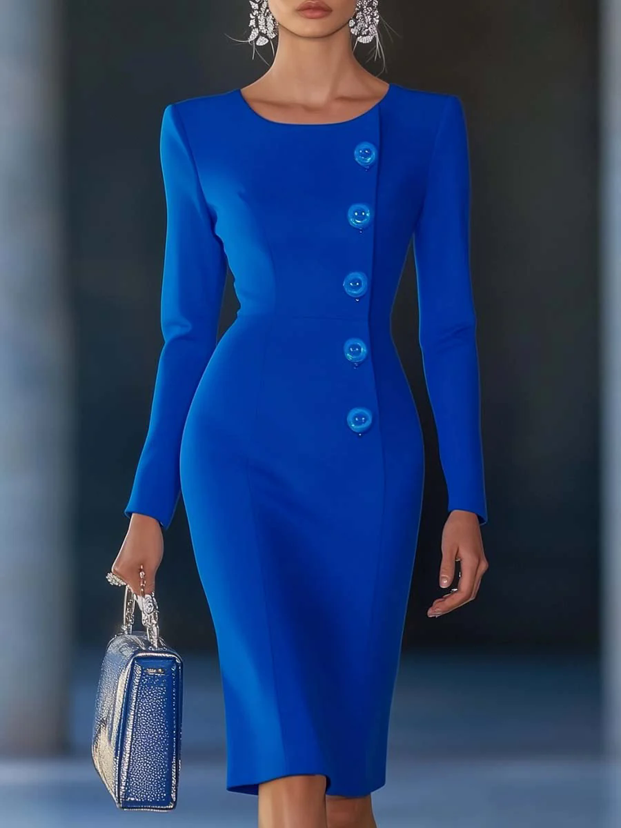 【24-hour shipping out】Elegant and Simple Round Neck Button Decoration Blue Midi Dress
