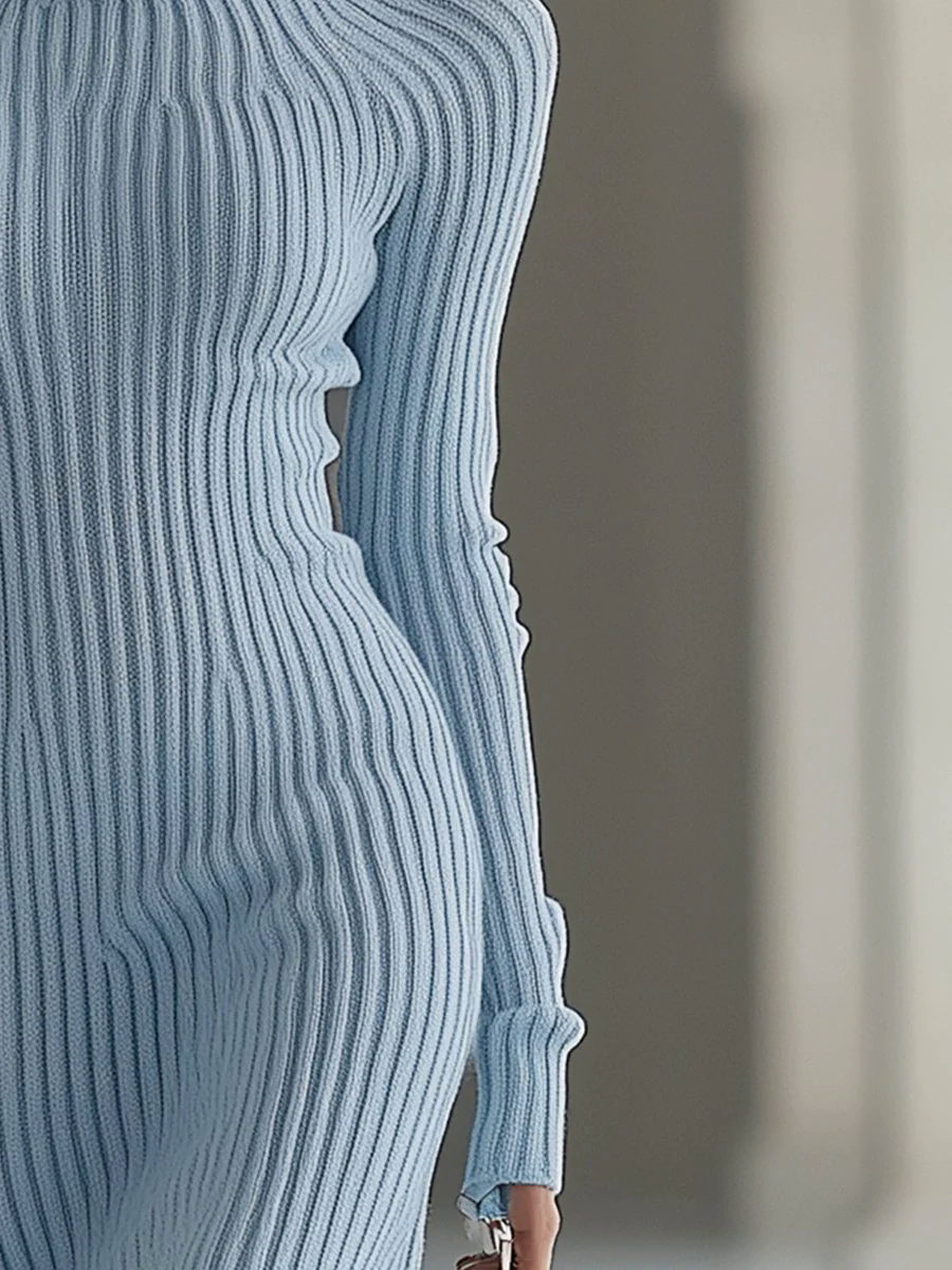 【24-hour shipping out】Fashion Long-sleeved Knitted Off-shoulder Haze Blue Midi Dress