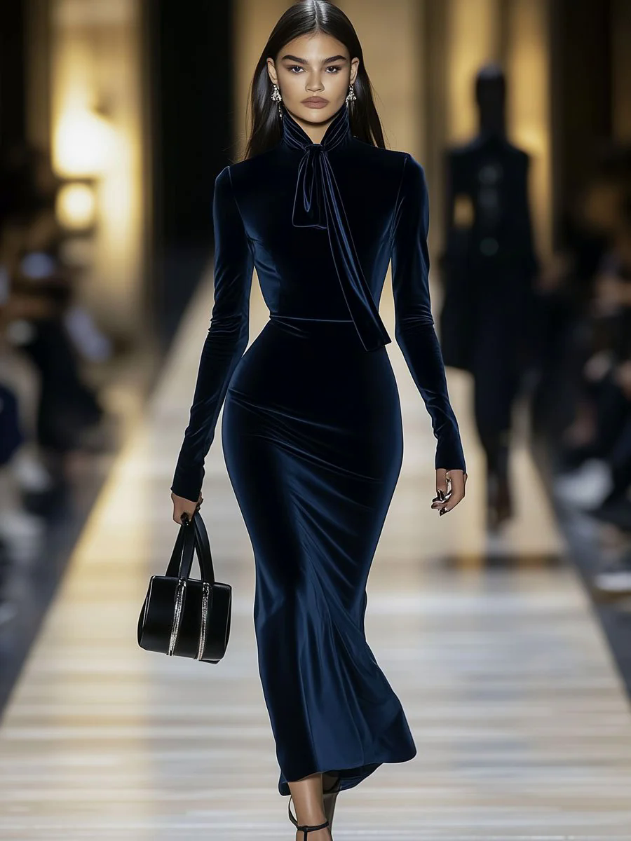【24-hour shipping out】Fashion Retro Dark Blue Velvet Collar Tie Fishtail Long Sleeve Midi Dress
