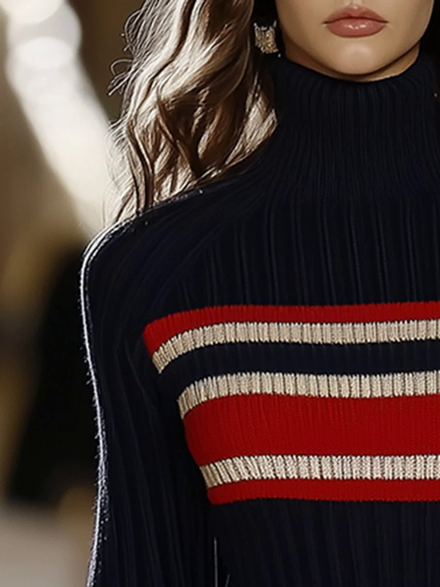 【24-hour shipping out】Retro French Elegant Fashionable High Collar Red And White Striped Dress