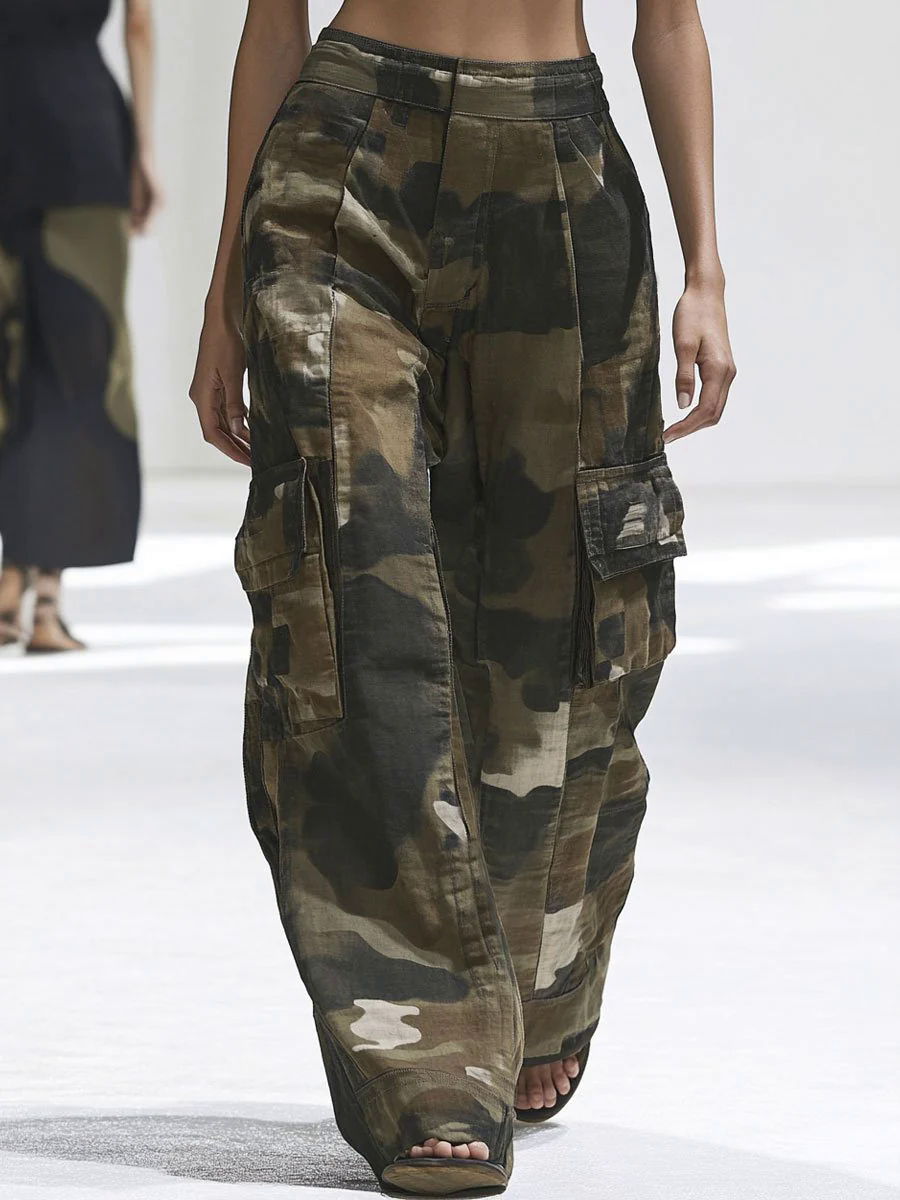 【24-hour shipping out】Casual Multi-Pocket Camouflage Cargo Wide-Leg Cotton Pants
