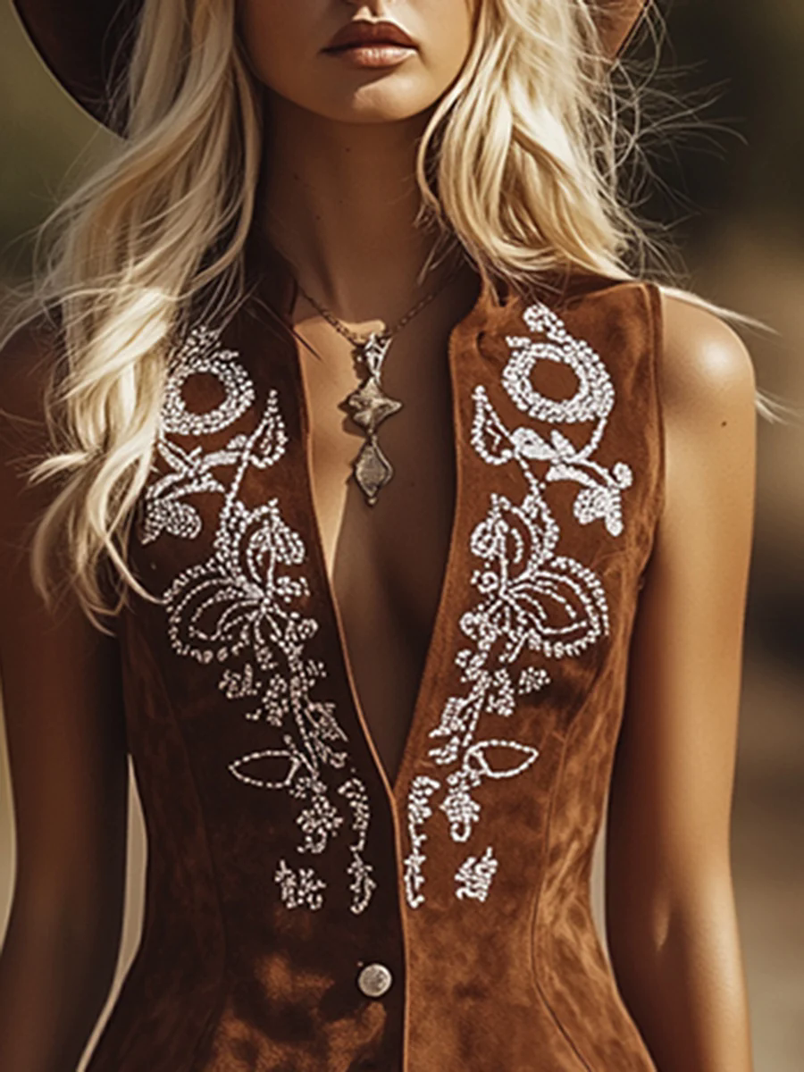 【24-hour shipping out】Vintage Western Paisley Brown Suede Vest Dress