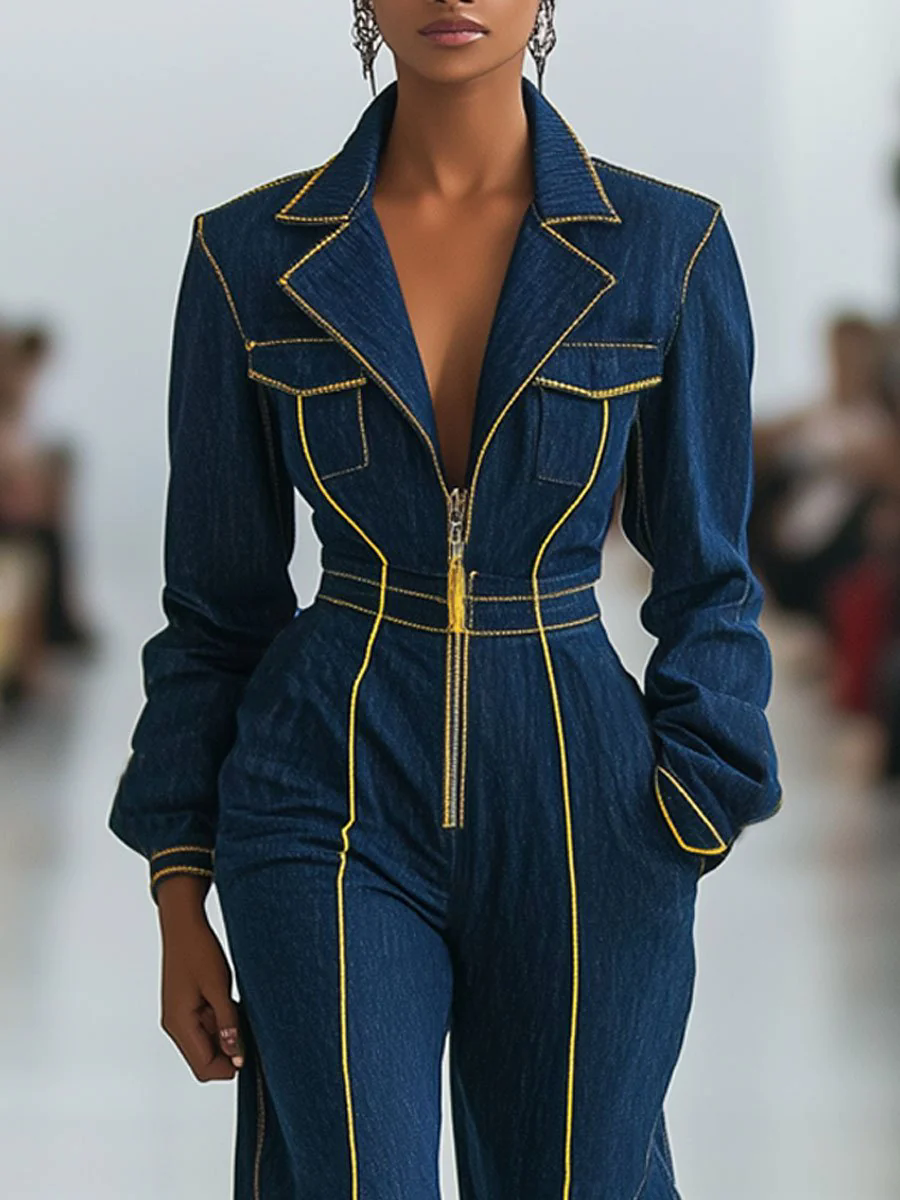 【24-hour shipping out】Casual Retro Contrast Color Line Long Sleeve Denim Wide Leg Jumpsuit