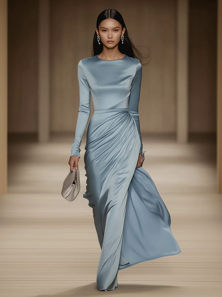 【24-hour shipping out】Elegant and Gentle Round Neck Blue Satin Long Sleeve Maxi Dress