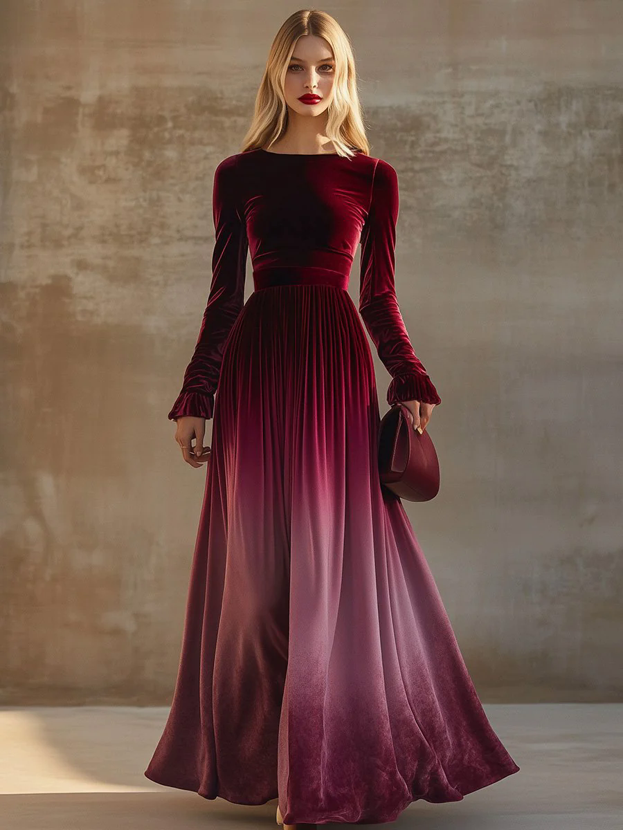 【24-hour shipping out】Elegant Straight Collar Trumpet Sleeves Burgundy Gradient Velvet Maxi Dress