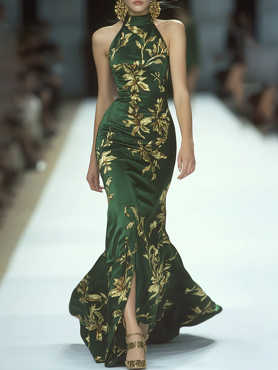 Women's Emerald Sleeveless Round Neck Hot Stamped Gold Leaf Floor-Mounting Dress