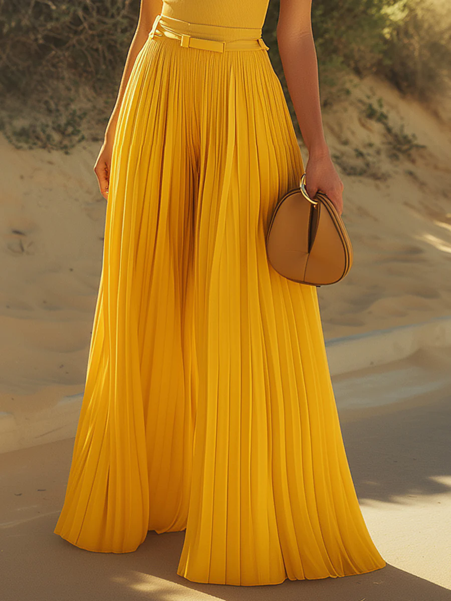 Casual Retro Yellow Hollow Collar Sleeveless Top Pleated Pants Set
