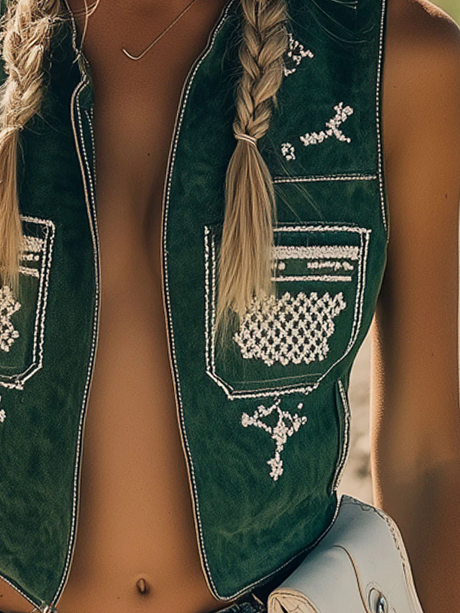 Western Vintage Green Suede Vintage Embroidery Zipper Vest