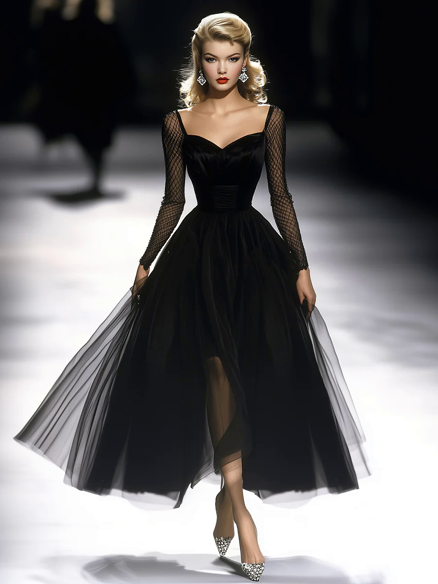 【24-hour shipping out】Retro Classic French Black Gauze Maxi Dress