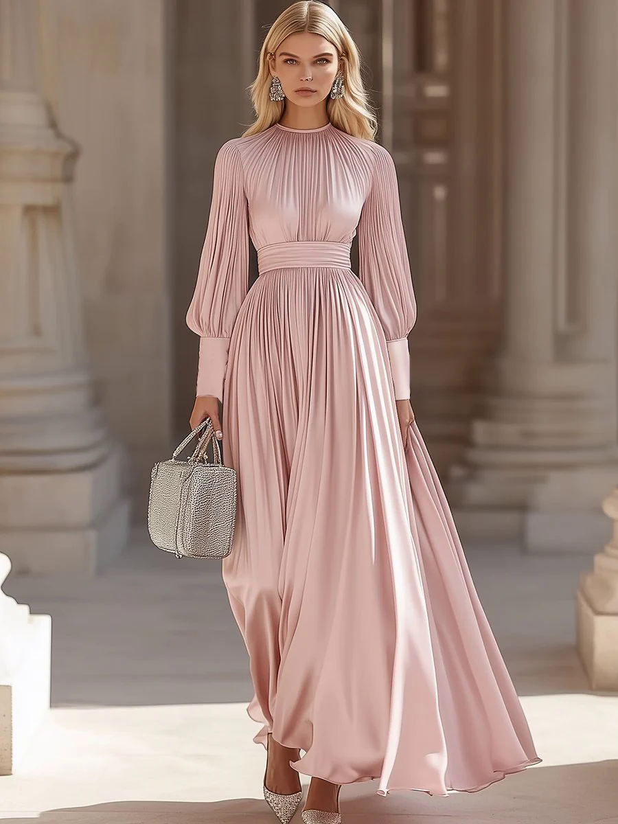 【24-hour shipping out】Fashionable And Elegant High-End Pleated Satin Maxi Dress