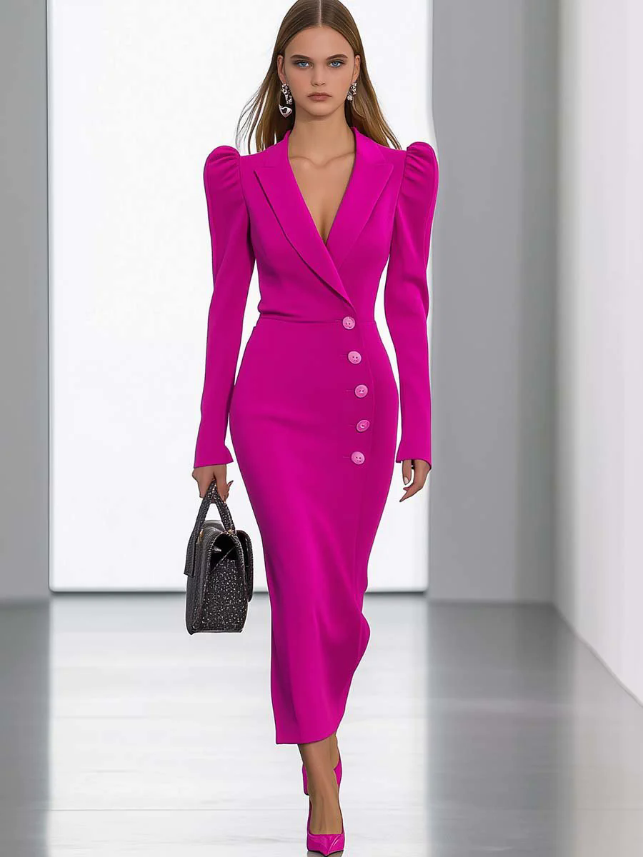 【24-hour shipping out】Elegant and Fashionable V-neck Puff Sleeve Bright Pink Slim Fit Midi Dress