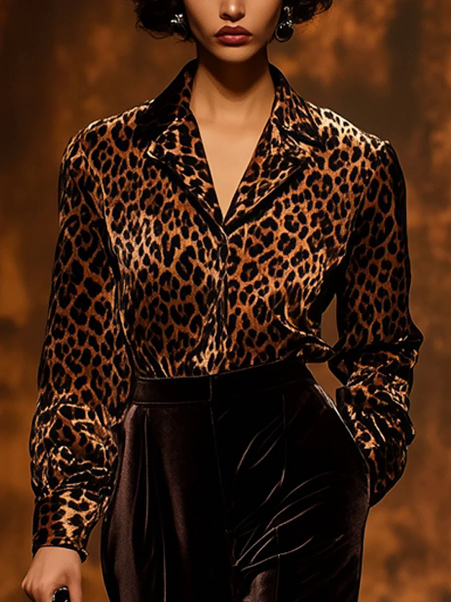 【24-hour shipping out】Casual Loose Vintage Velvet Leopard Print Long Sleeve Blouse