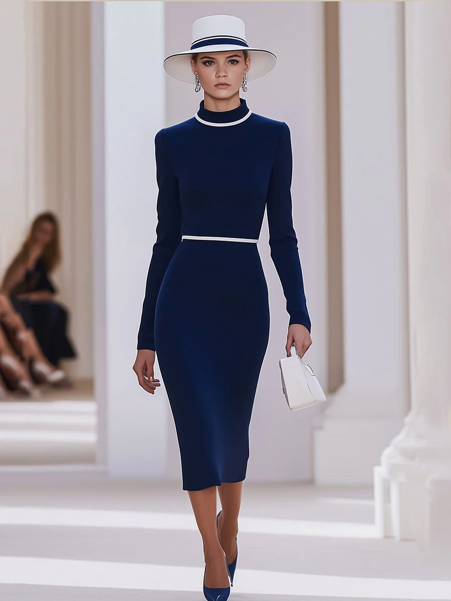 【24-hour shipping out】French Elegant White Contrast High Collar Midi Dress