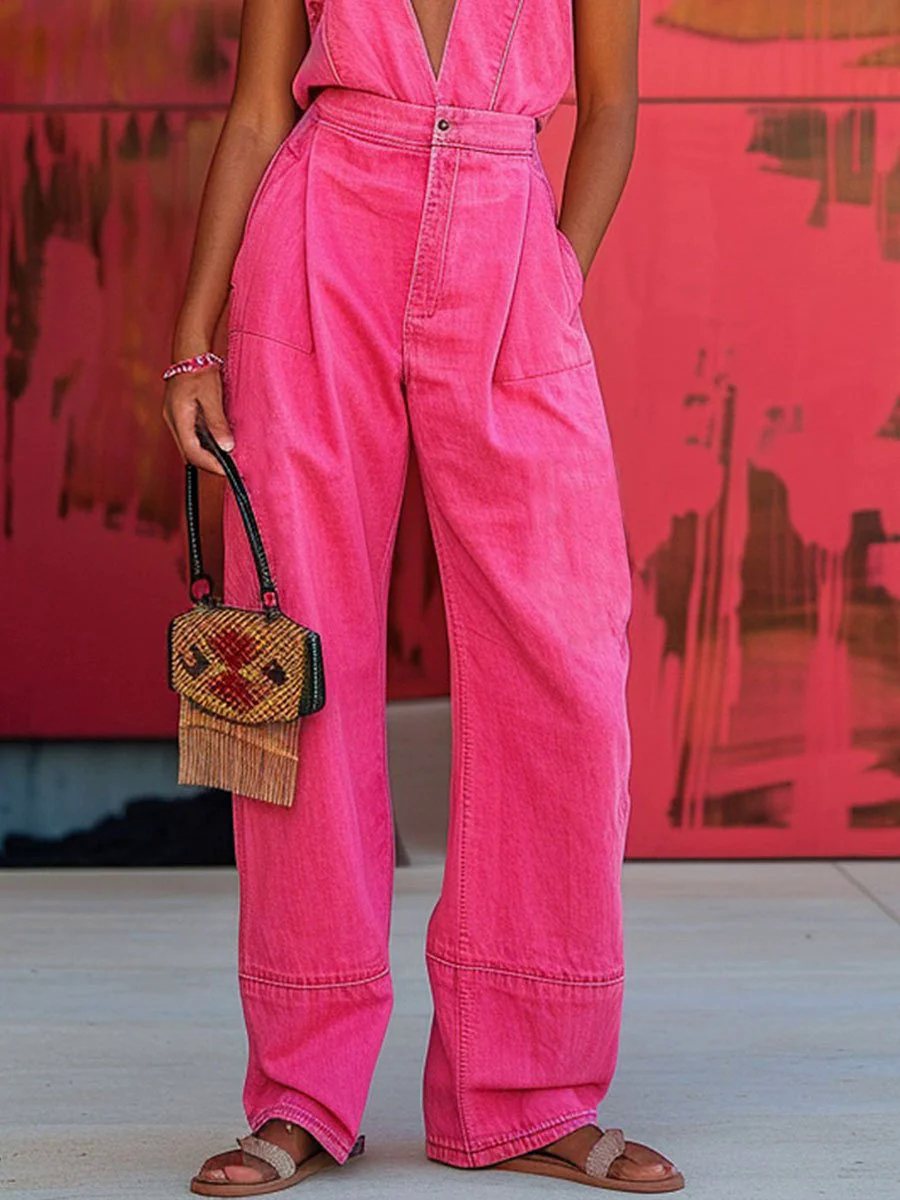 【24-hour shipping out】V-Neck Casual Loose Pocket Sleeveless Denim Jumpsuit