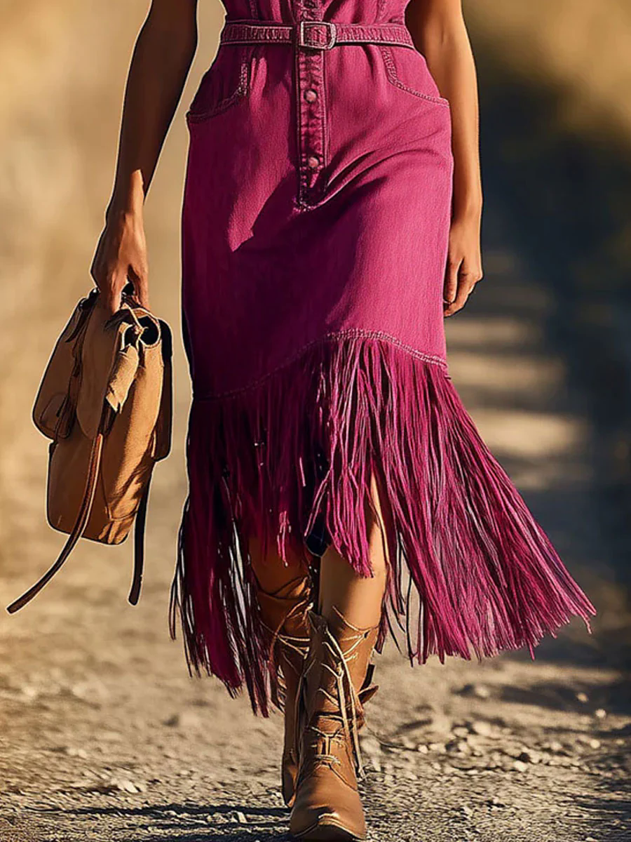 【24-hour shipping out】Casual Retro Fuchsia Denim Sleeveless Shirt Tassel Lace-up Midi Dress