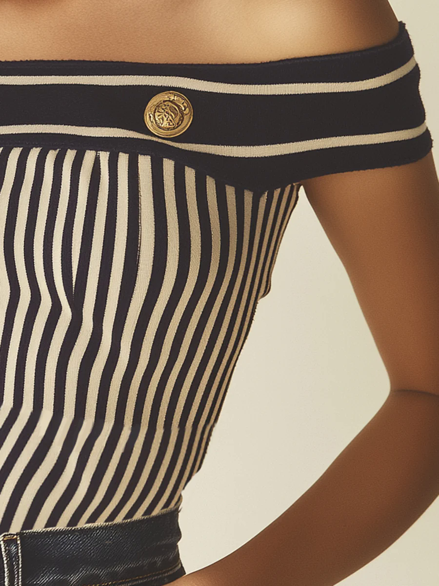 Sailing Vacation One Shoulder Vertical Striped Navy Knit Sleeveless Top