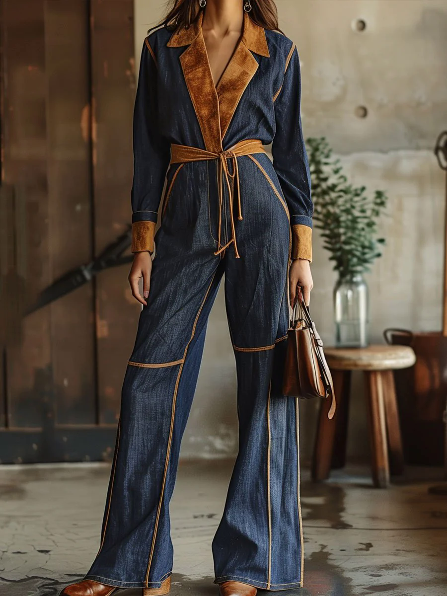 【24-hour shipping out】Casual Loose Retro Denim Suede Stitching Long-Sleeved Jumpsuit