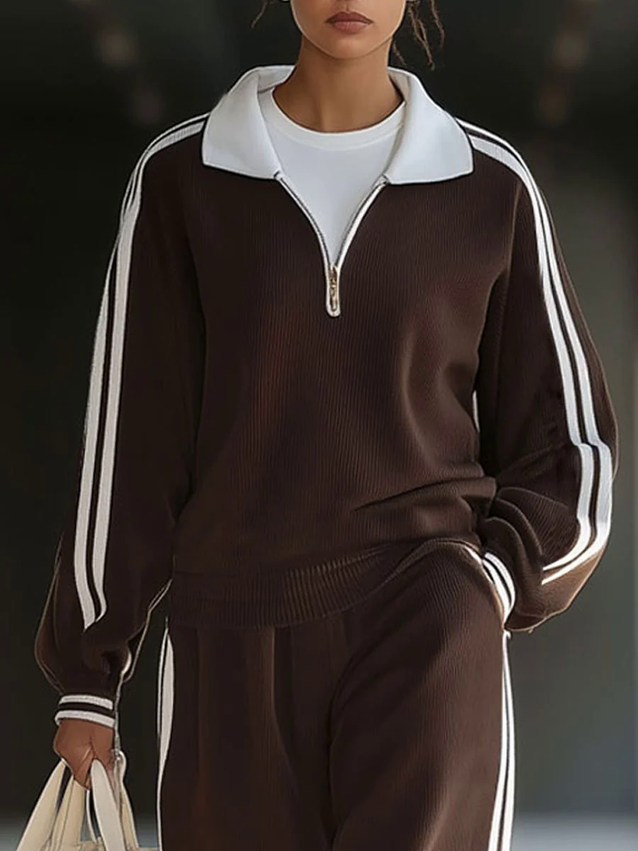 【24-hour shipping out】Casual Loose Retro Striped Polo Collar Zipper Sports Sweatshirt Set