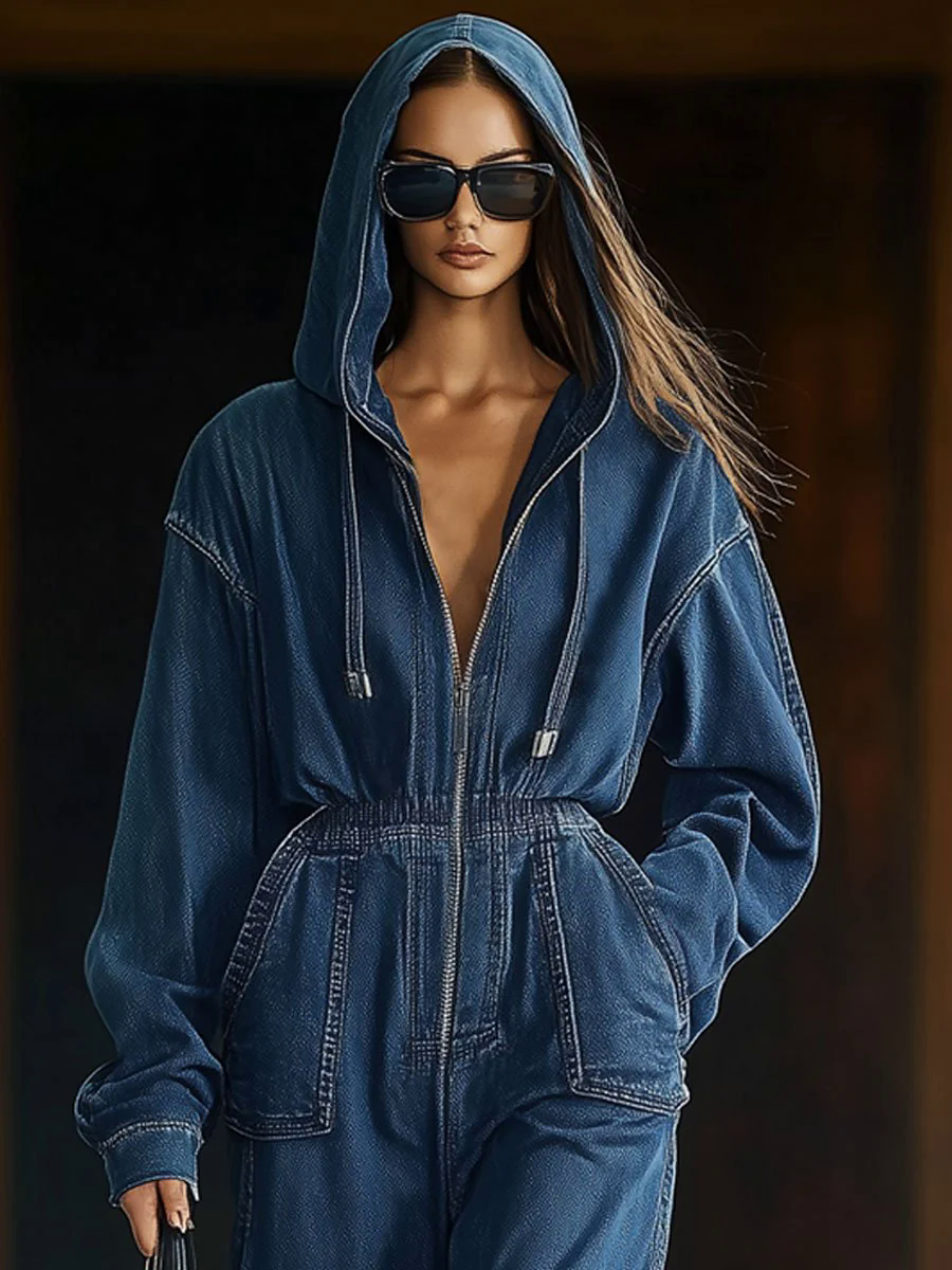 【24-hour shipping out】Casual Loose Retro Elastic Waist Zipper Long Sleeve Hooded Denim Jumpsuit
