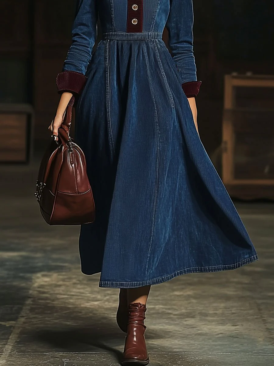 【24-hour shipping out】Casual Retro Contrast Color Corduroy Stitching Elastic Waist Long Sleeve Midi Dress