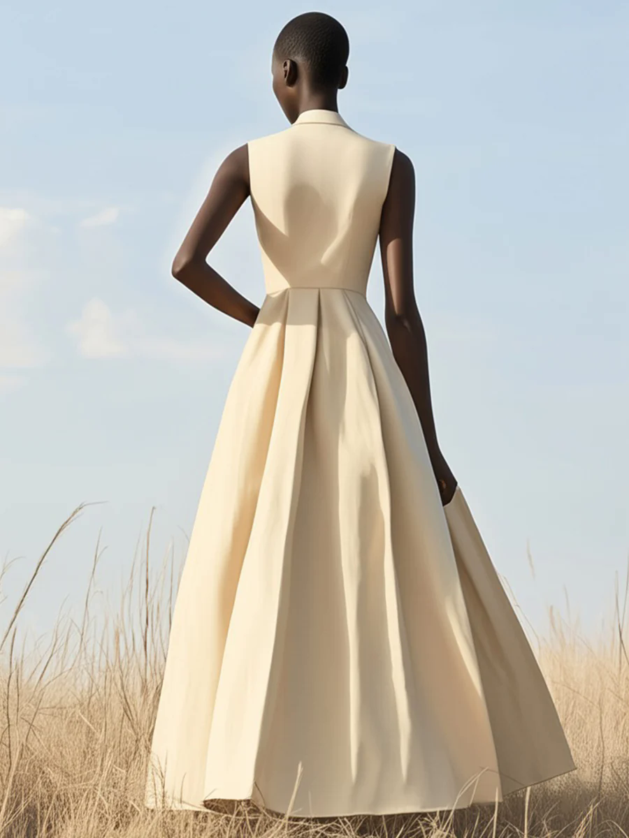 【24-hour shipping out】Elegant and Simple Black Button Stand Collar Sleeveless Maxi Dress