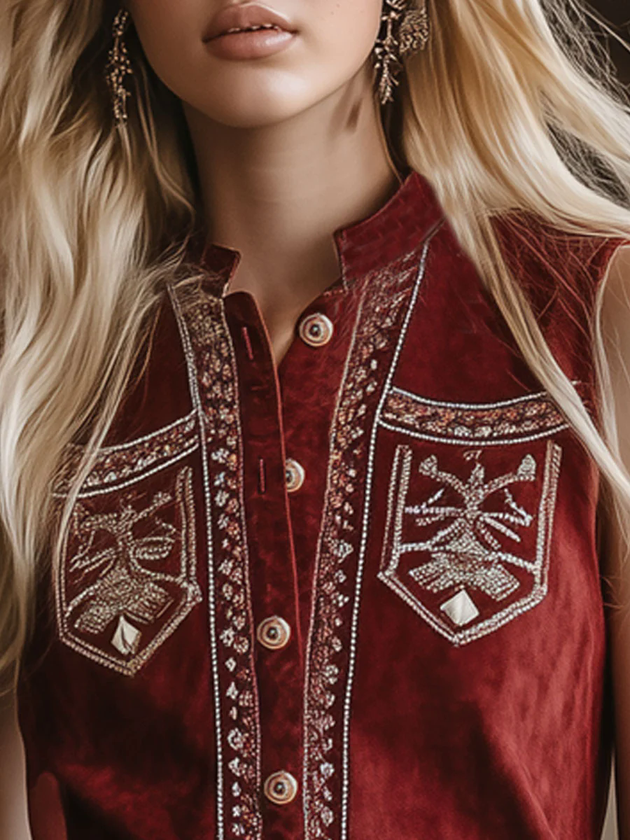 Western Vintage Burgundy Suede Bohemian Embroidered Sleeveless Vest