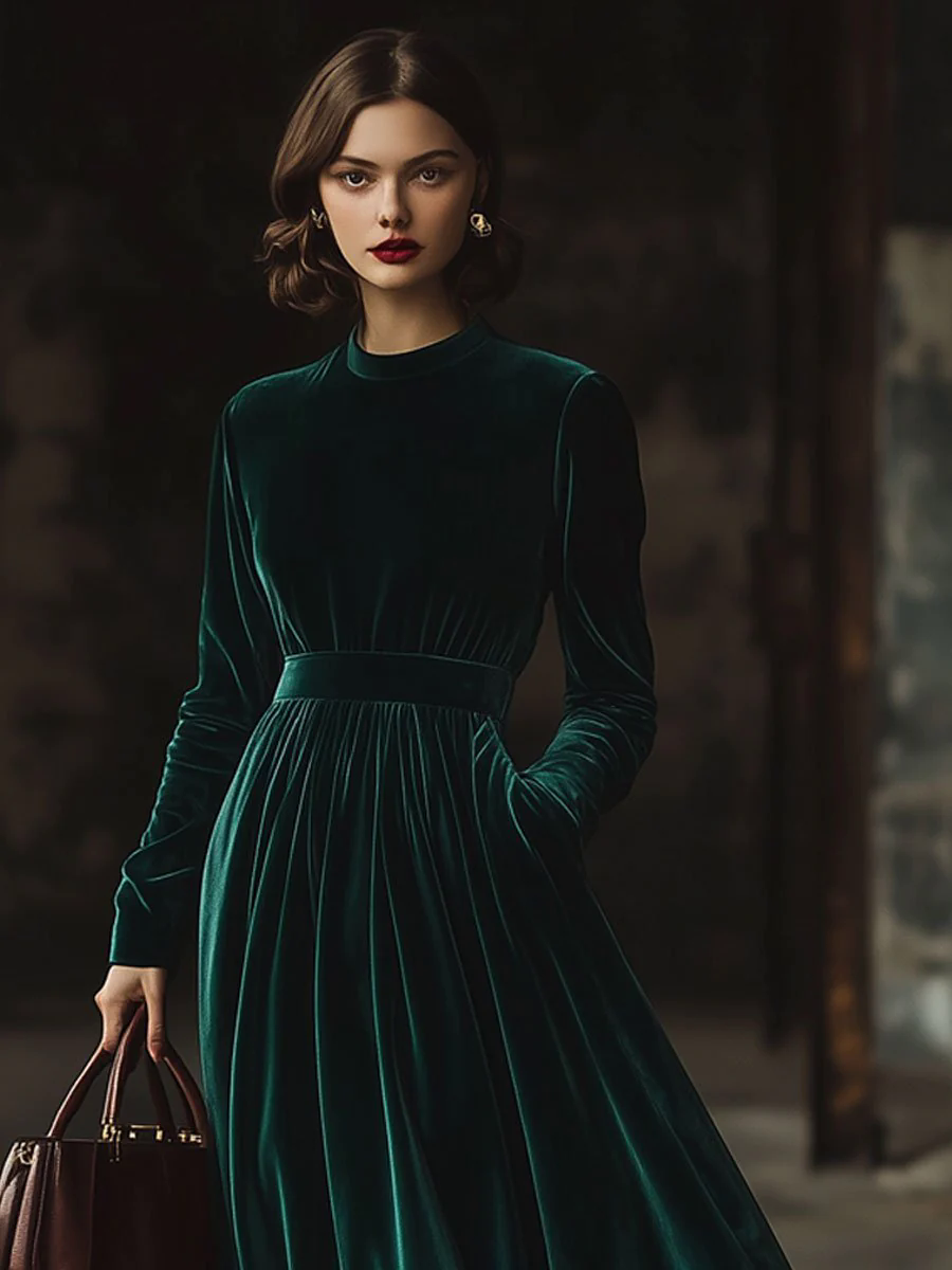 【24-hour shipping out】Stand Collar Loose Party Pocket Solid Velvet Long Sleeve Maxi Dress