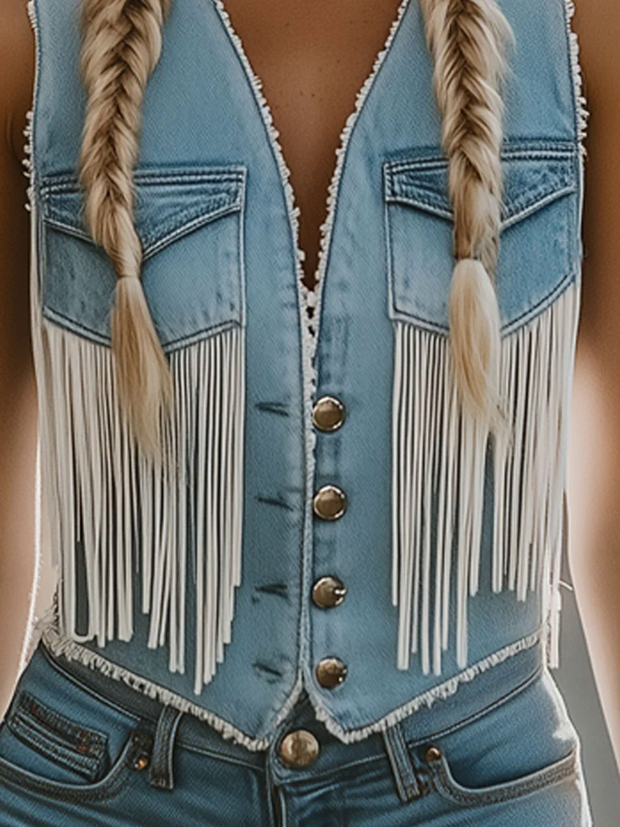 Western Retro Light Blue Denim Raw Edge Pocket Tassel Vest