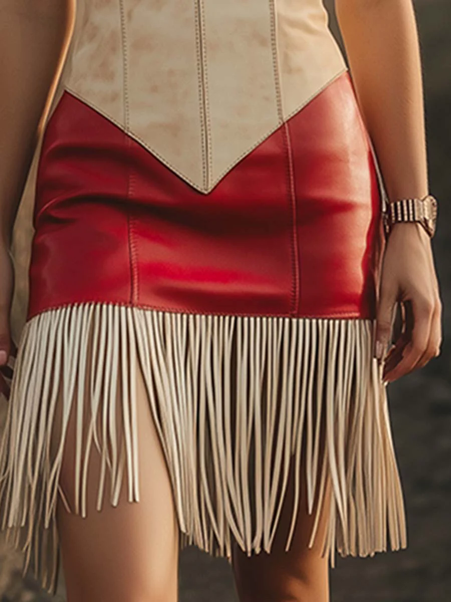 【24-hour shipping out】Elegant Retro Western Contrast Fringe Sleeveless Mini Dress