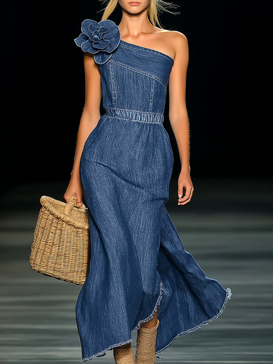 【24-hour shipping out】Elegant Strapless Denim 3D Floral Maxi Dress