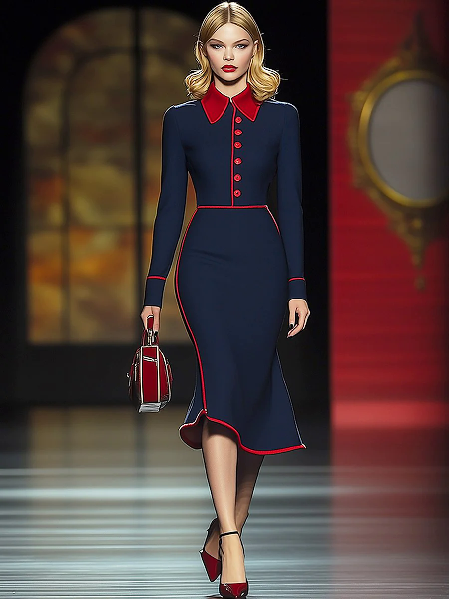 【24-hour shipping out】Elegant Retro Contrast Color Long Sleeve Midi Dress