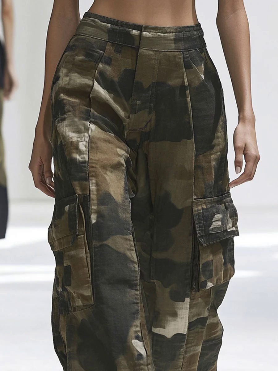 【24-hour shipping out】Casual Multi-Pocket Camouflage Cargo Wide-Leg Cotton Pants
