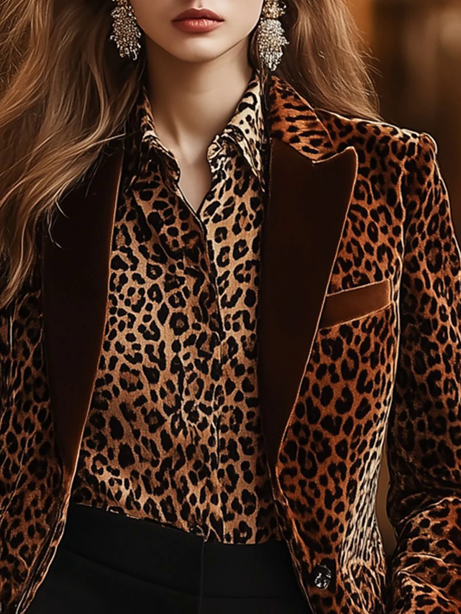 【24-hour shipping out】Casual Loose Retro Velvet Leopard Print Collar Blazer