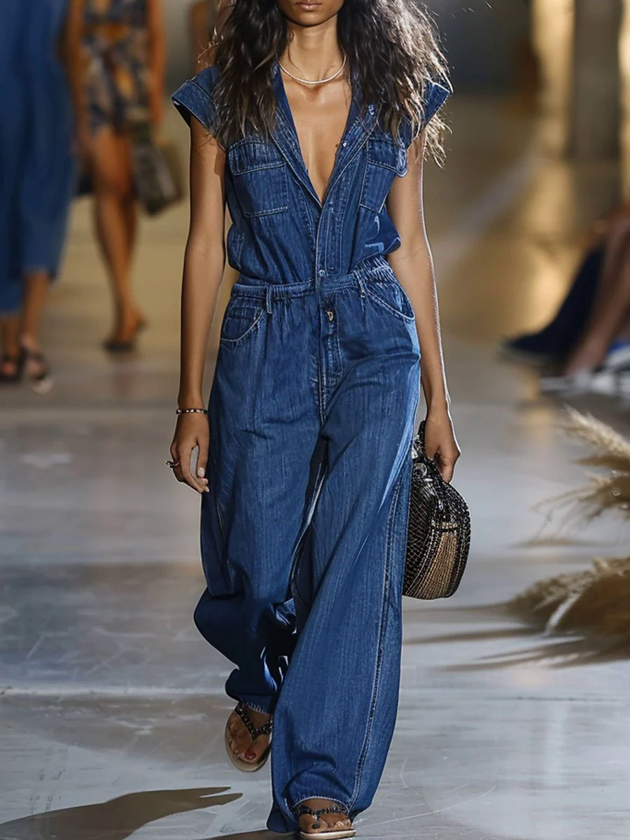【24-hour shipping out】Casual Loose Elastic Waist Pocket Short Sleeve Shirt Denim Wide Leg Jumpsuit