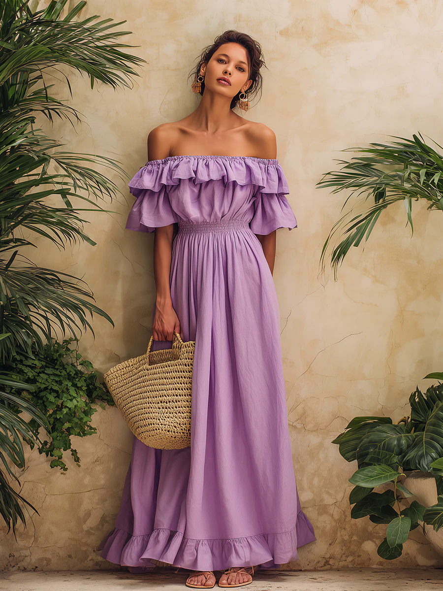 Simple Holiday Style One-shoulder Ruffled Cotton And Linen Maxi Dress