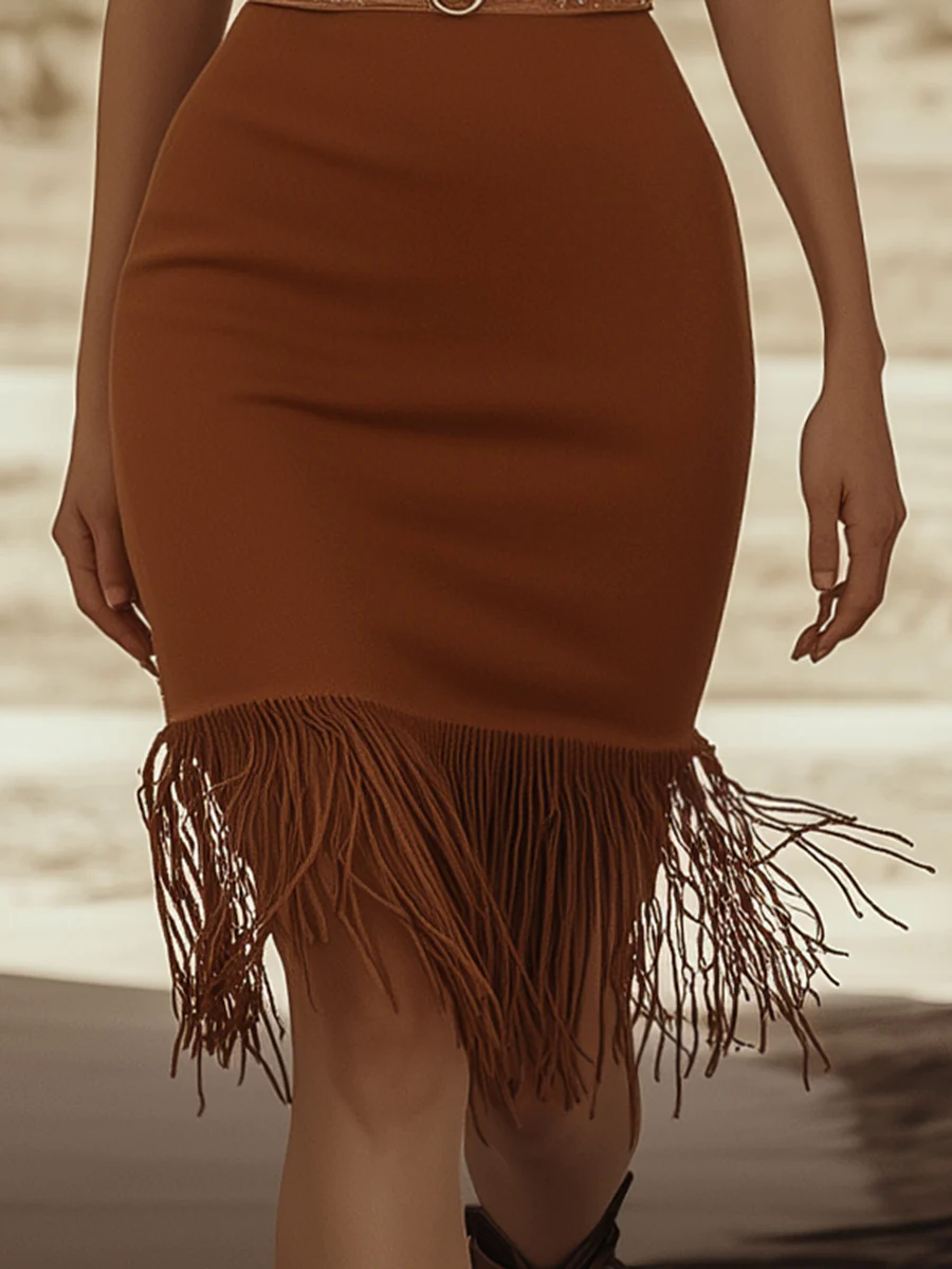 Retro Fashion Braided Neckline Bodycon Hem Tassel Sleeveless Brown Midi Dress