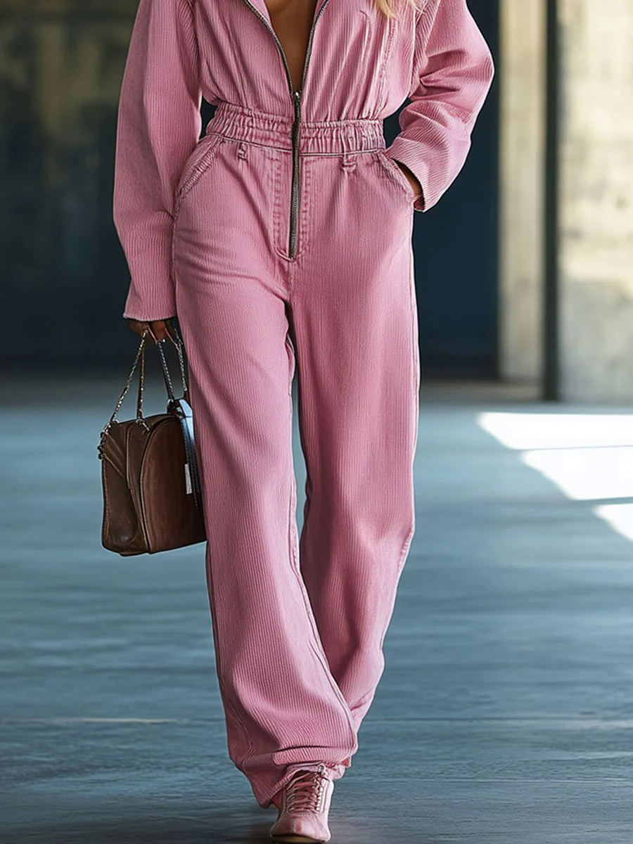 【24-hour shipping】Casual Loose Retro Solid Color Corduroy Zipper Hooded Jumpsuit