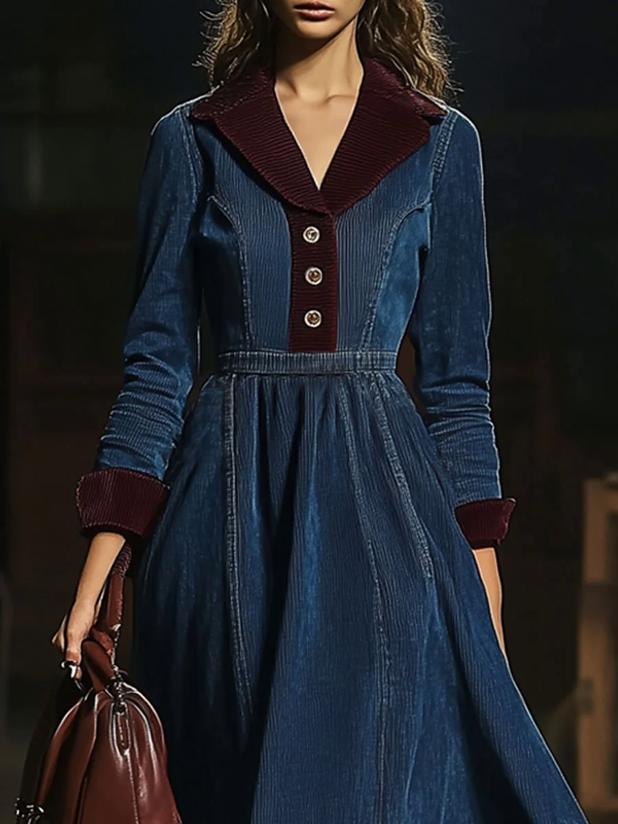 【24-hour shipping out】Casual Retro Contrast Color Corduroy Stitching Elastic Waist Long Sleeve Midi Dress