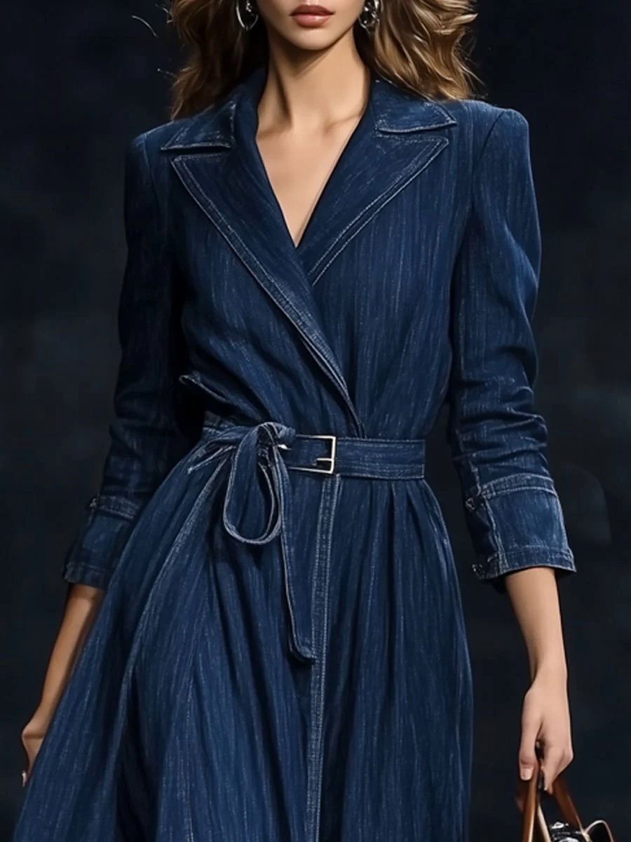 【24-hour shipping out】Casual Retro Belted Denim Long Sleeve Maxi Dress Style Trench Coat