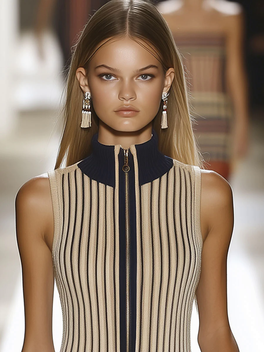 【24-hour shipping out】Casual Retro Contrast Stripe Knit Sleeveless Zipper Mini Dress