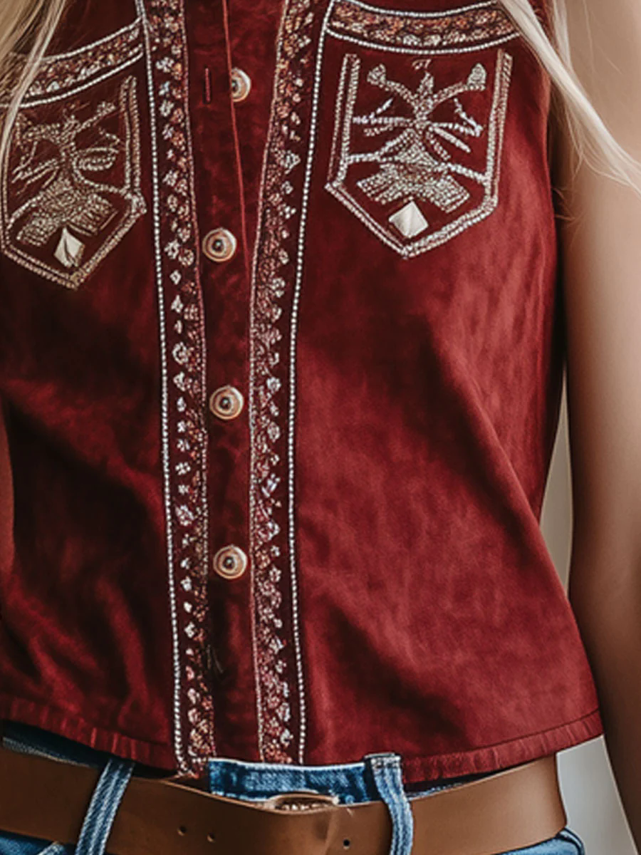 Western Vintage Burgundy Suede Bohemian Embroidered Sleeveless Vest