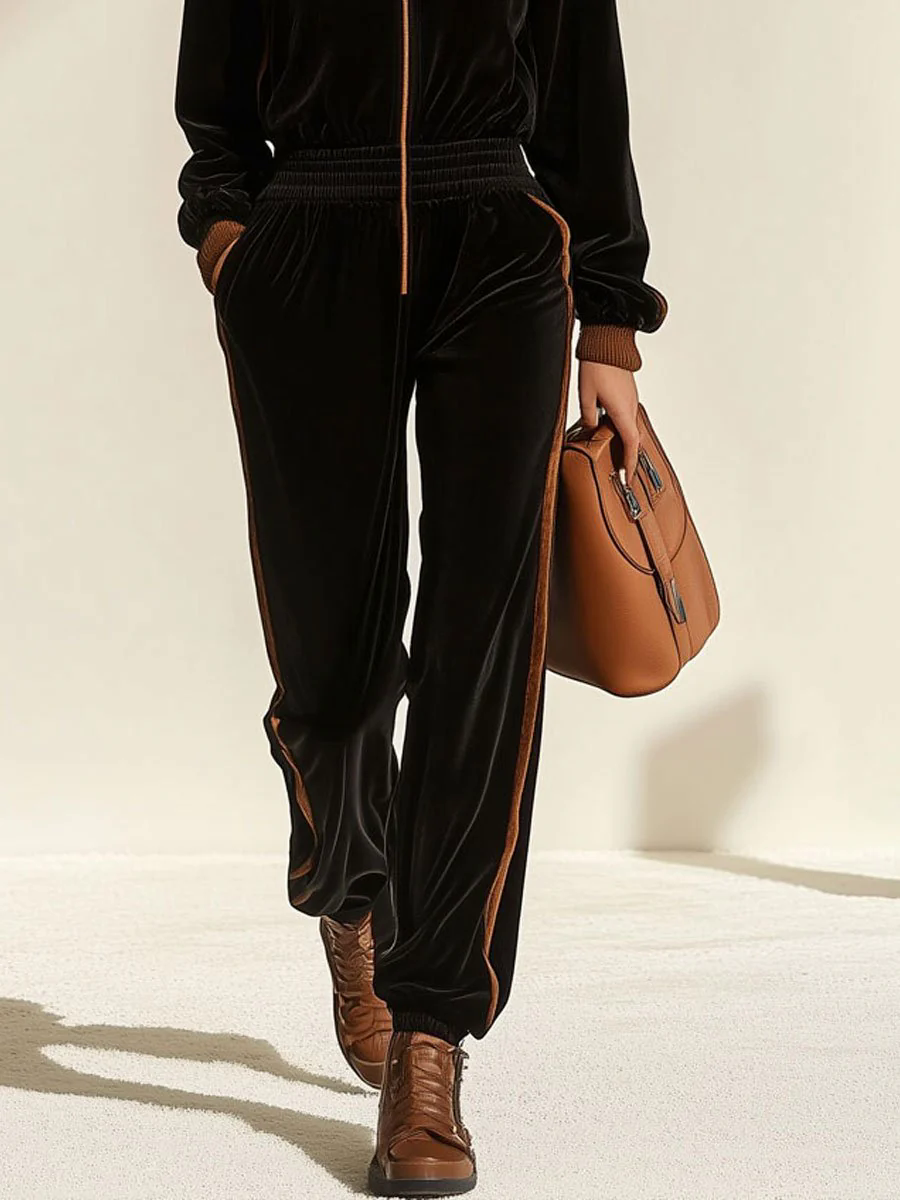 【24-hour shipping out】Casual Loose Retro Velvet Colorblock Zipper Hooded Jumpsuit