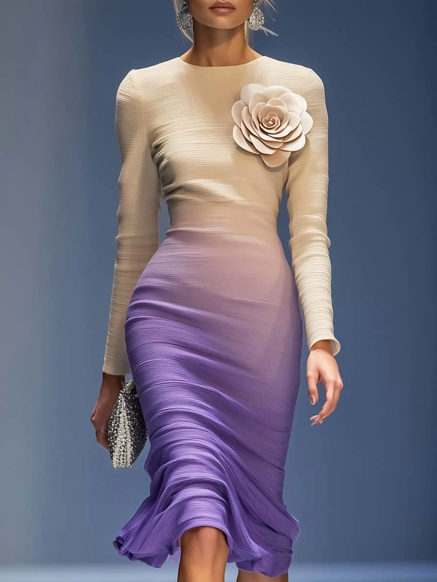 【24-hour shipping out】Elegant Three-dimensional Floral Decoration Beige and Purple Gradient Midi Dress
