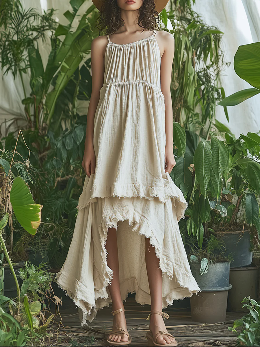 Simple Loose Irregular Raw Edge Hem Sleeveless Beige Cotton And Linen Maxi Dress